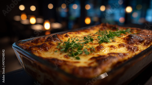 Freshly baked lasagna topped with melted cheese and herbs in a glass dish, captured in a warmly lit restaurant setting with softly glowing background lights.