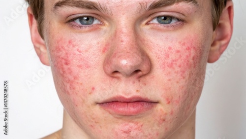 Obraz na płótnie Young boy with acne spots on his face is looking directly at the camera. The setting is indoors with neutral background emphasizing his skin condition and facial features w salonie