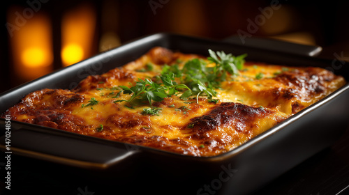 Freshly baked lasagna in a black ceramic baking dish, topped with golden melted cheese and garnished with fresh parsley, set against a warm, softly lit background