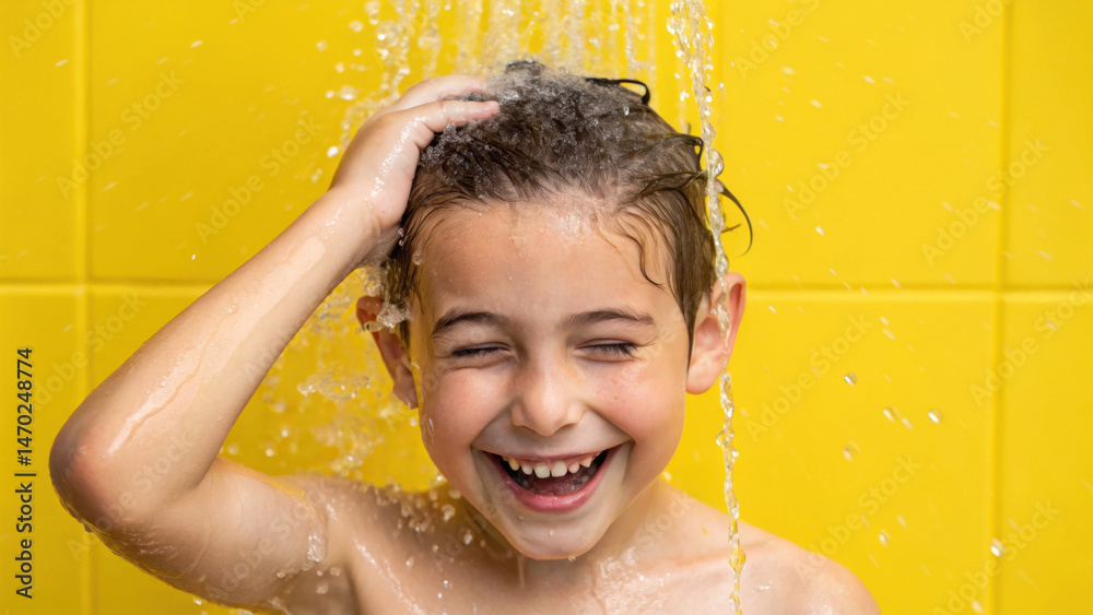 A young boy smiles broadly while playfully washing his hair under a shower. The cheerful yellow tiles create a lively atmosphere in the bright bathroom
