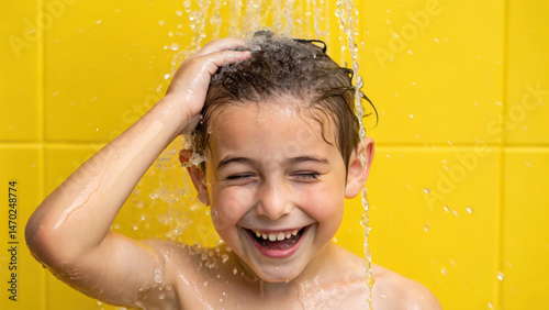Obraz na płótnie A young boy smiles broadly while playfully washing his hair under a shower. The cheerful yellow tiles create a lively atmosphere in the bright bathroom w salonie