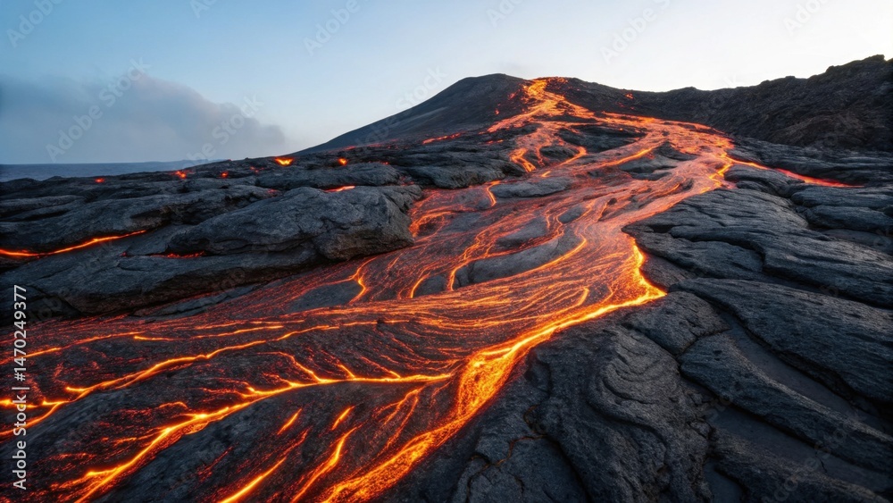Bright lava streams cascade down the rugged volcanic terrain as twilight approaches, illuminating the surrounding rocks with a warm glow and creating a dramatic natural display
