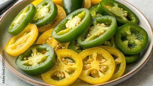 Obraz na płótnie Slices of yellow and green jalapenos are neatly arranged on a white plate, showcasing their vibrant colors and fresh appearance. Perfect for adding spice to dishes w salonie