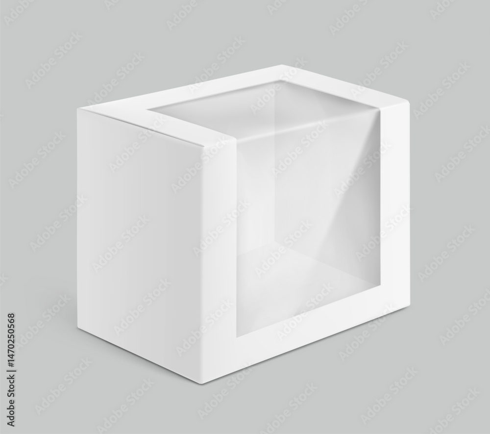 Universal mockup of blank cardboard box with clear window. Vector illustration isolated on grey background, ready and simple to use for your design. EPS10. Universal mockup of blank cardboard box with clear window. Vector illustration isolated on grey background, ready and simple to use for your design. EPS10.