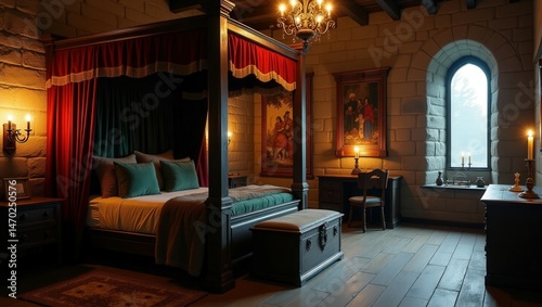 A medieval bedroom with a large four-poster bed draped in deep red curtains exudes historical charm. Stone walls, wooden floors, sconces and chandeliers emit a warm glow. A chest add rustic elegance
