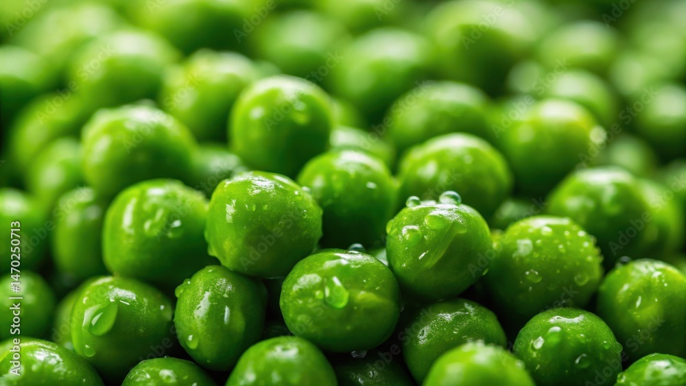 Vibrant green peas are piled closely together, their smooth surfaces glistening with droplets of water. The fresh produce reflects a vivid hue typical of markets in spring