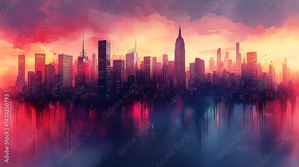 Obraz premium Watercolor Cityscape with Melting Buildings and Surreal Pastel Tones