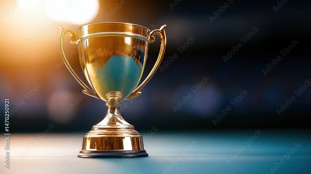 Golden trophy and tennis racket on green court highlight success and achievement in tennis