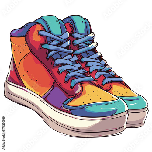 Colorful High Top Sneakers Isolated On White Background Cartoon Style