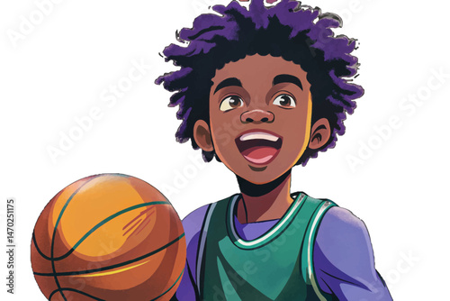 Young African American boy holding basketball with joyful expression, symbolizing youth, play, sports passion, and active lifestyle. Isolated on white, perfect for sport, kids, and motivation vector
