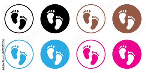 Set of colorful baby footsteps icons collection. Baby footsteps vector icons set isolated on white background. Outlie, circle and silhouette design. Vector illustration.