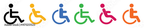 Set of colorful wheelchair accessibility icons different style. Handicapped patient wheelchair sign icons isolated. Disabled handicap icons set in colors. Disability concept. Vector illustration.