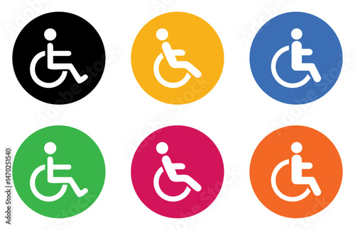 Set of colorful wheelchair accessibility icons in flat design. Handicapped patient wheelchair sign icons isolated. Disabled handicap icons set in colors. Disability concept. Vector illustration.