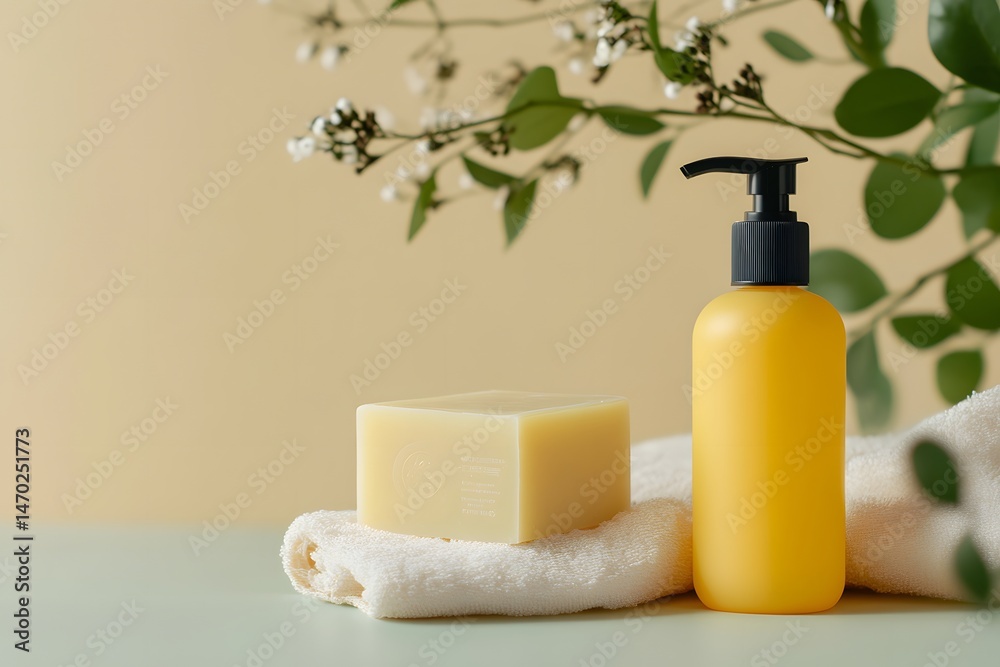 Liquid soap bottle and solid soap bar sit atop a towel with floral accents. Liquid soap bottle and solid soap bar sit atop a towel with floral accents.