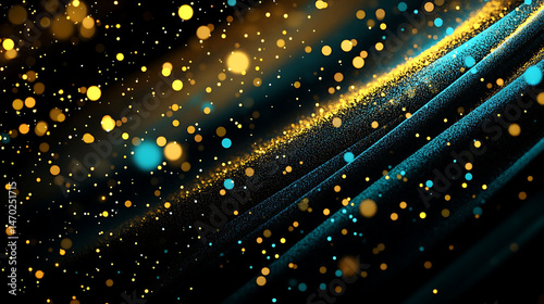 Moody background with blurred glitter lights drifting diagonally in golden yellow and teal blue tones across a velvety black base