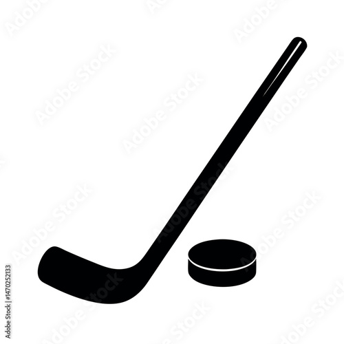 ice hockey stick and puck icon or black silhouette
