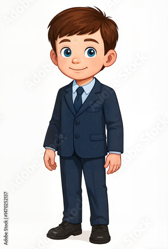 young boy, cheerful expression, standing in formal suit, on white background