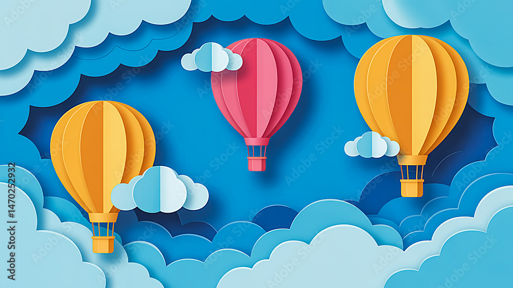 Beautiful fluffy clouds on blue sky background with colorful hot air balloons.Paper art Beautiful fluffy clouds on blue sky background with colorful hot air balloons.Paper art