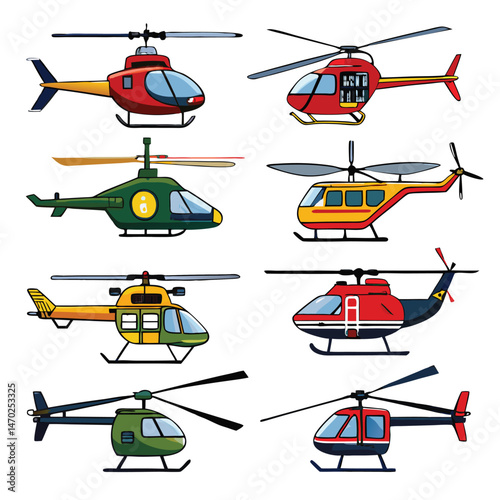 Nine classic Helicopter arranged on a white background.