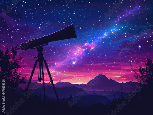 Beautiful night sky landscape with telescope silhouetted against the vast expanse of stars and mountains below.