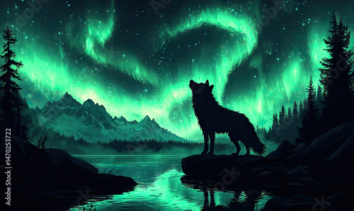 Silhouette of a howling wolf under the breathtaking aurora borealis displaying a beautiful green sky and majestic mountains.