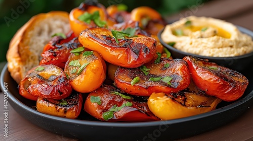 Smoky charred peppers on a summer picnic table with fresh bread and hummus for an outdoor gathering