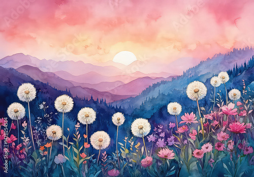 Serene watercolor landscape featuring dandelions blooming in a field against a backdrop of majestic mountains and a vibrant sunset
