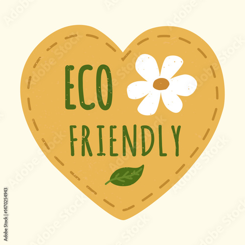 Eco-friendly vector heart label with flower and stitched effect. Perfect for branding natural goods, wellness products, handmade packaging, green lifestyle, and sustainable branding.