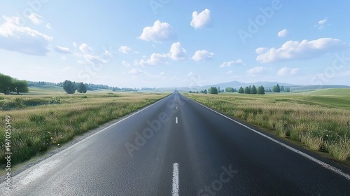 Straight asphalt road through green grasslands under sunny sky with distant trees.