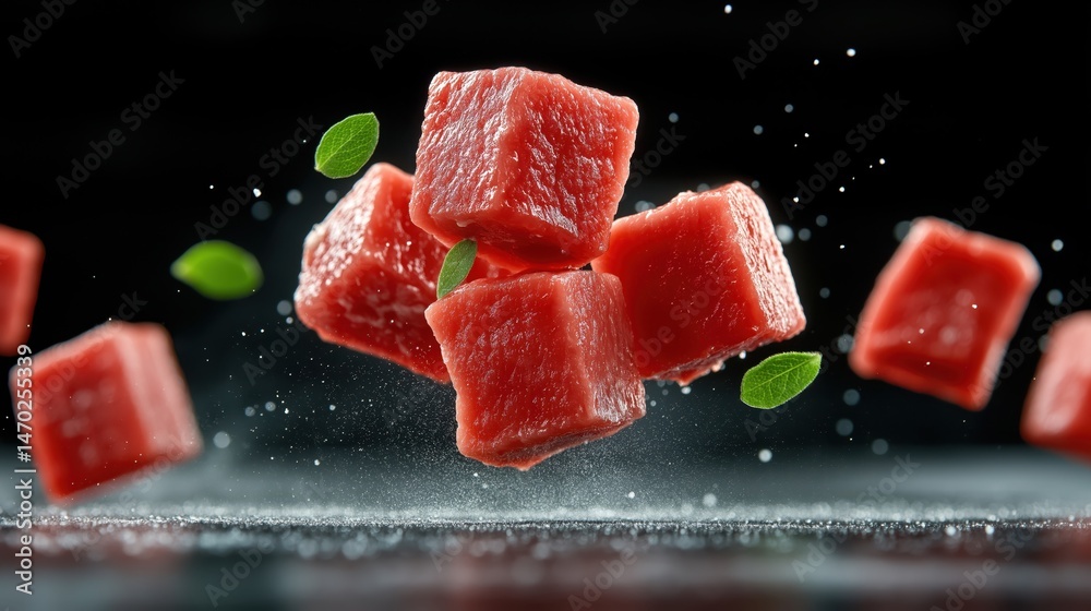 Fresh diced beef cubes captured in dynamic motion with herbs sprinkled during high-speed shot
