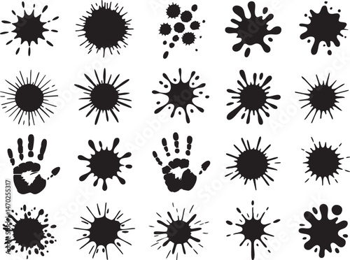 Ink Splatter and Handprint Silhouettes Collection for Grunge Designs, Forensic Themes, Horror Posters, Artistic Backgrounds, Street Art, Abstract Textures, or Halloween Concepts