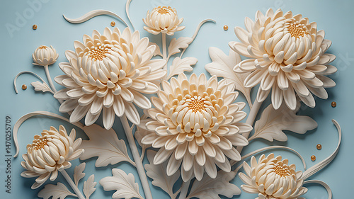 Elegant 3D Relief of Cream Chrysanthemums on a Light Blue Background with Gold Accents