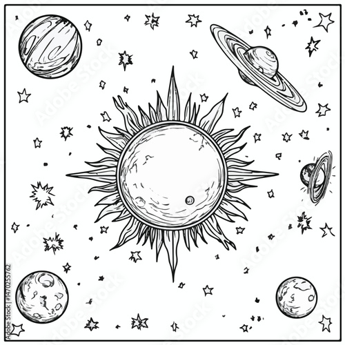 Celestial Space Galaxy With Planets Sun And Stars Hand Drawn Illustration