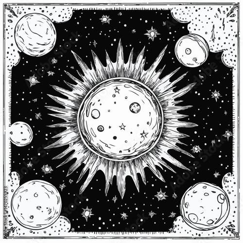 Celestial Black And White Illustration Of Planets Stars And The Sun With Retro Border