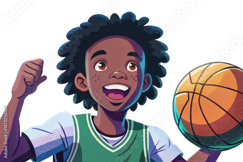 Young African American boy holding basketball with joyful expression, symbolizing youth, play, sports passion, and active lifestyle. Isolated on white, perfect for sport, kids, and motivation vector