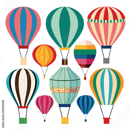 Nine classic Hot Air Balloon arranged on a white background.
