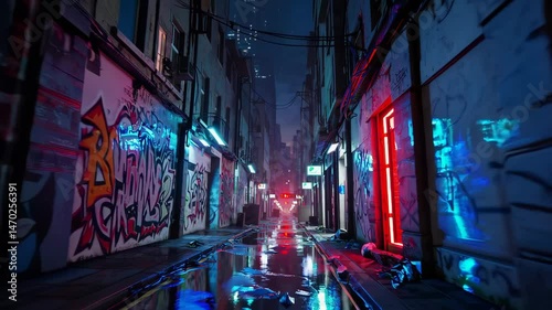 Neonlit urban alley at night with vibrant graffiti and reflections in rainsoaked streets