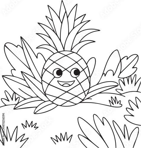 Cute pineapple black line art vector illustration for kids coloring page or book design