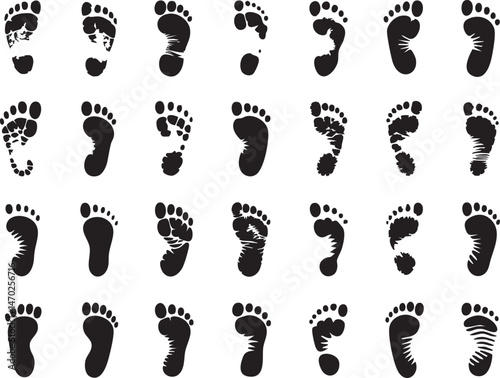 Footprint Silhouette Collection Featuring Human, Animal, and Shoe Prints for Tracking Guides, Wildlife Infographics, Outdoor Adventure Themes, Educational Materials, or Forensic Designs