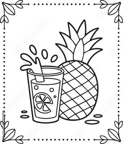 Cute pineapple with glass of juice black line art vector illustration for kids coloring page or book design