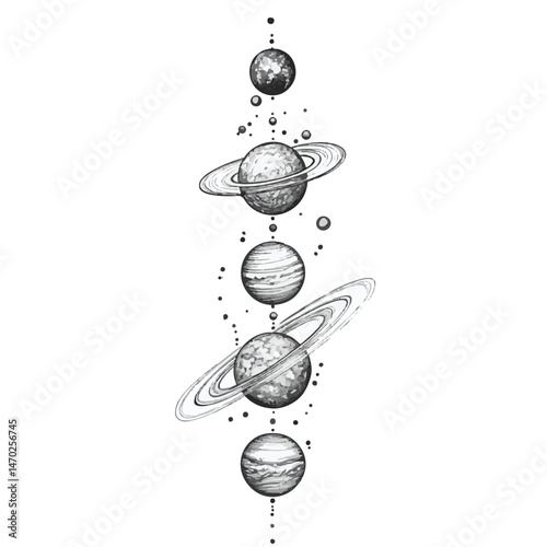 Celestial Orbs Detailed Monochrome Planet Collection Decorative Design On White Background