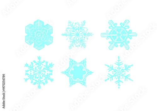 Blue Snowflake Vector Set in Geometric Style, Winter Symbols for Seasonal Design and Holiday Decor with Copy Space

 photo