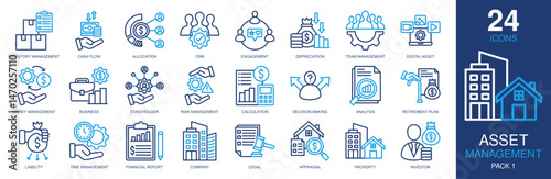 Asset Management Icons set vector illustration. Containing inventory management, cash flow, allocation, digital asset, money management and more. Simple outline color icons collection.