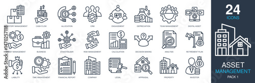 Asset Management Icons set vector illustration. Containing inventory management, cash flow, allocation, digital asset, money management and more. Simple outline icons collection.