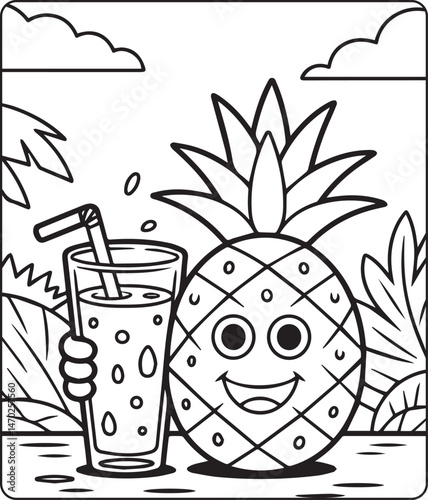 Cute pineapple with glass of juice black line art vector illustration for kids coloring page or book design