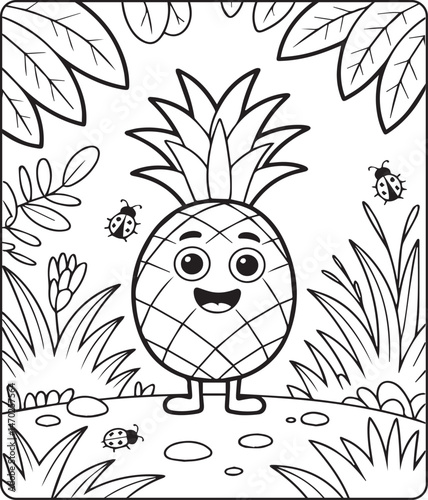 Cute pineapple black line art vector illustration for kids coloring page or book design