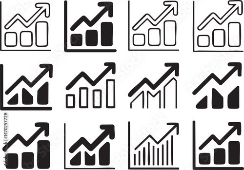 Growth Chart Icon Silhouettes Collection for Business Presentations, Financial Reports, Marketing Infographics, Data Visualization, Economic Forecasts, or Educational Materials