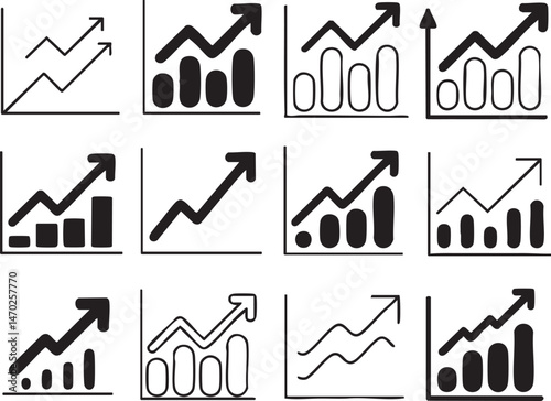 Growth Chart Icon Silhouettes Collection for Business Presentations, Financial Reports, Marketing Infographics, Data Visualization, Economic Forecasts, or Educational Materials