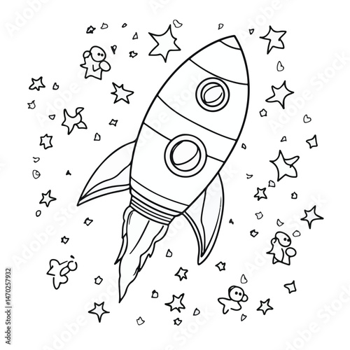 Hand Drawn Rocket In Space With Stars And Aliens Isolated On White