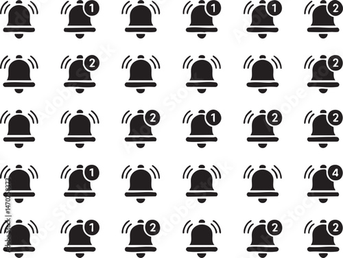 Multiple Notification Bell Icons Silhouette Pattern, Alert Symbols for App UI, Web Design, Reminders, Alarm Interfaces, User Notifications, Mobile Templates, and Digital Communication

